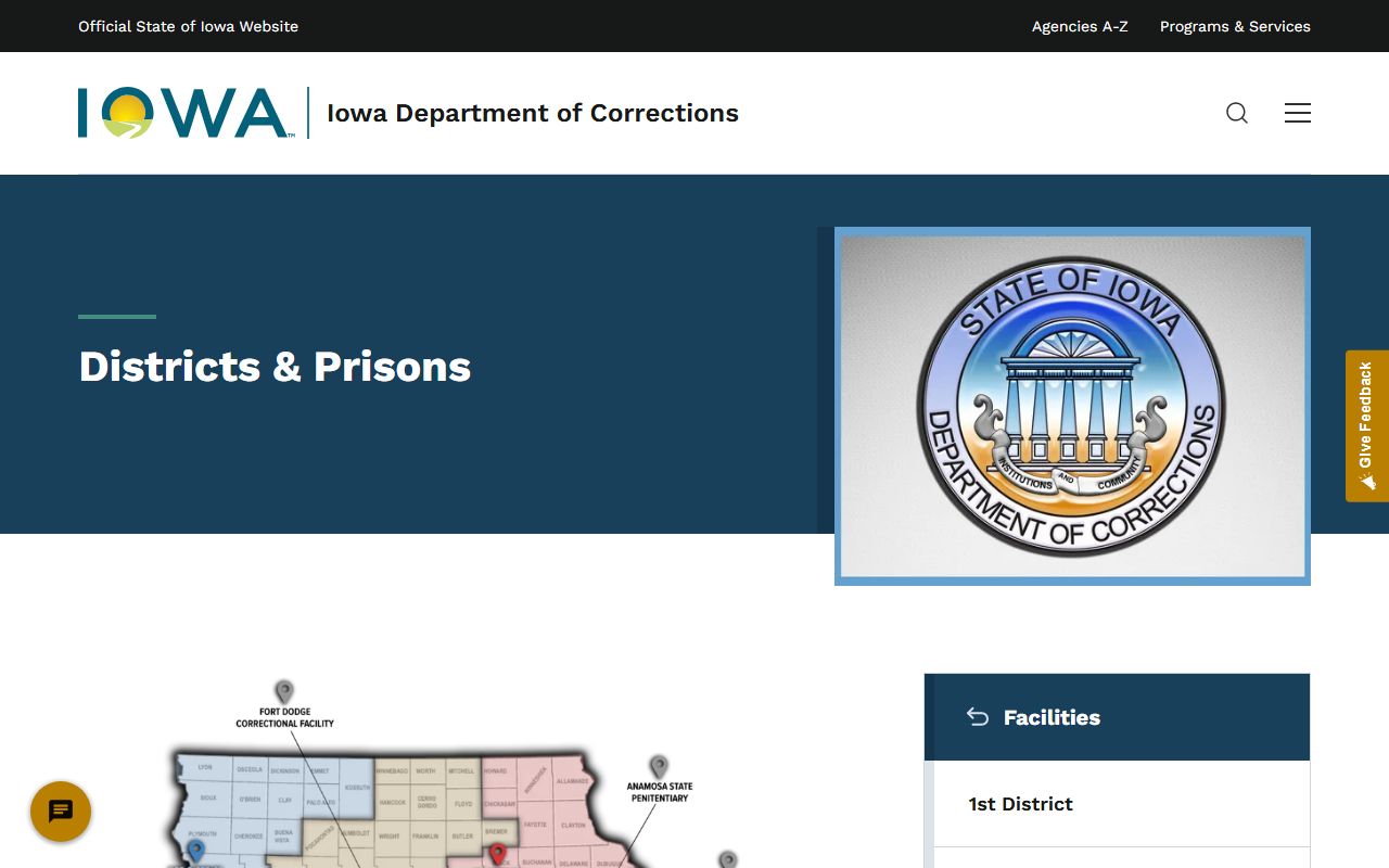IDOC districts and prisons page for Iowa prison and community corrections facilities