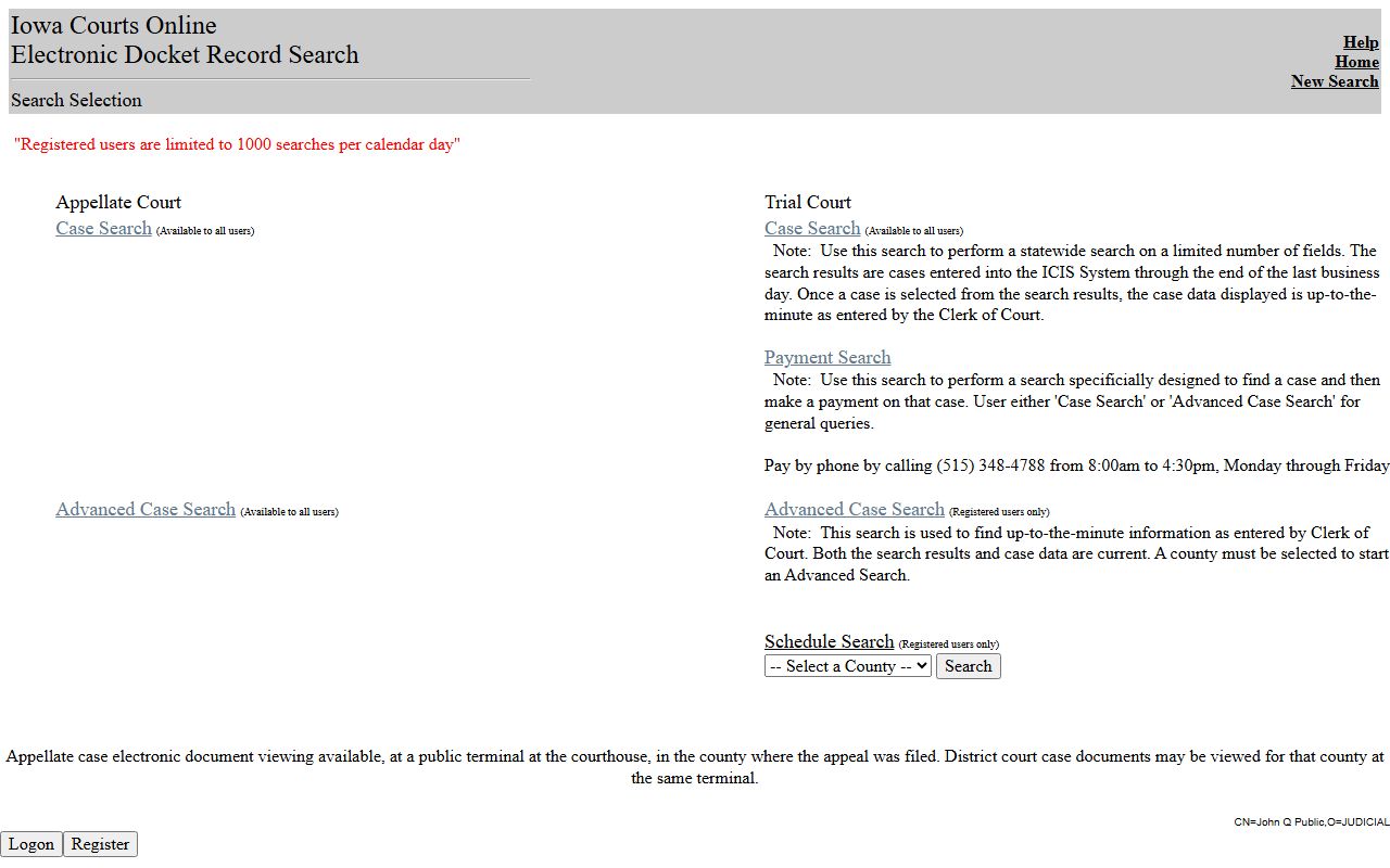 Iowa Judicial Branch court-record search guidance for post-arrest court records